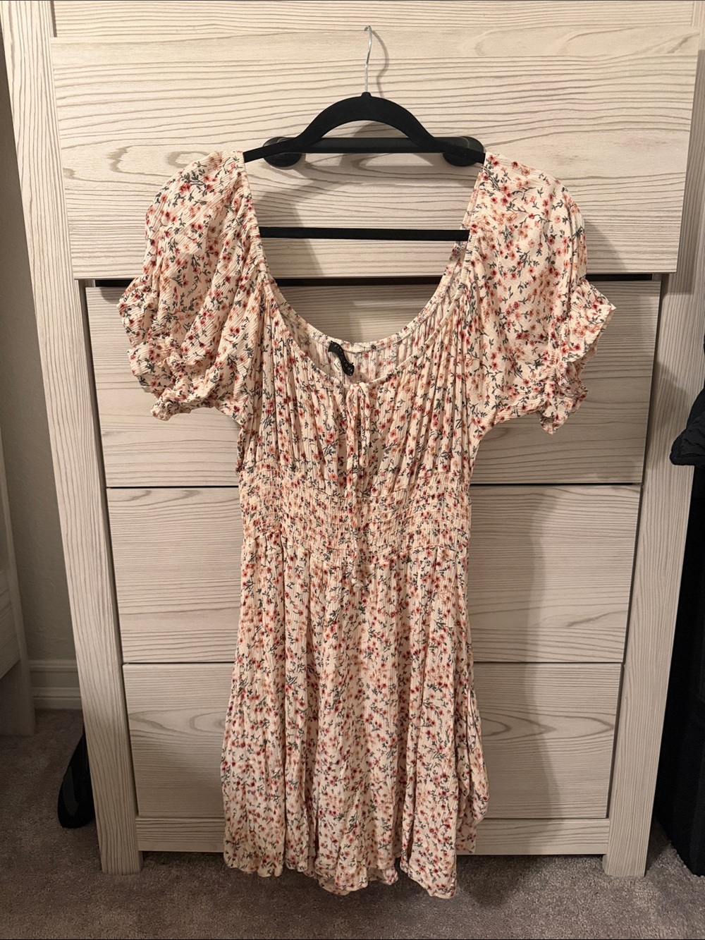 Final Touch Cream Floral Puff-Sleeve Mini Dress